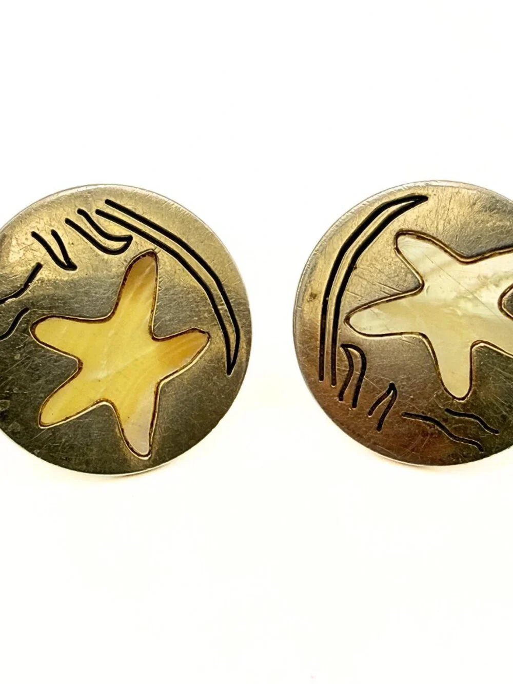Swank Designer Signed Round Gold Plate MOP Starfish Beach Motif Cufflinks